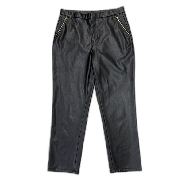 Halston Women's Black Faux Leather Pants with Gold Zipper Pockets Size Large - Picture 1 of 5